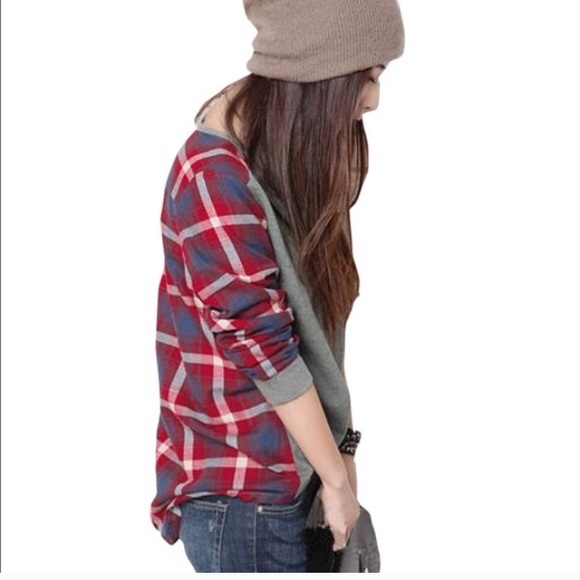 Red and Gray Flannel Back Long Sleeve Top. - Picture 3 of 7
